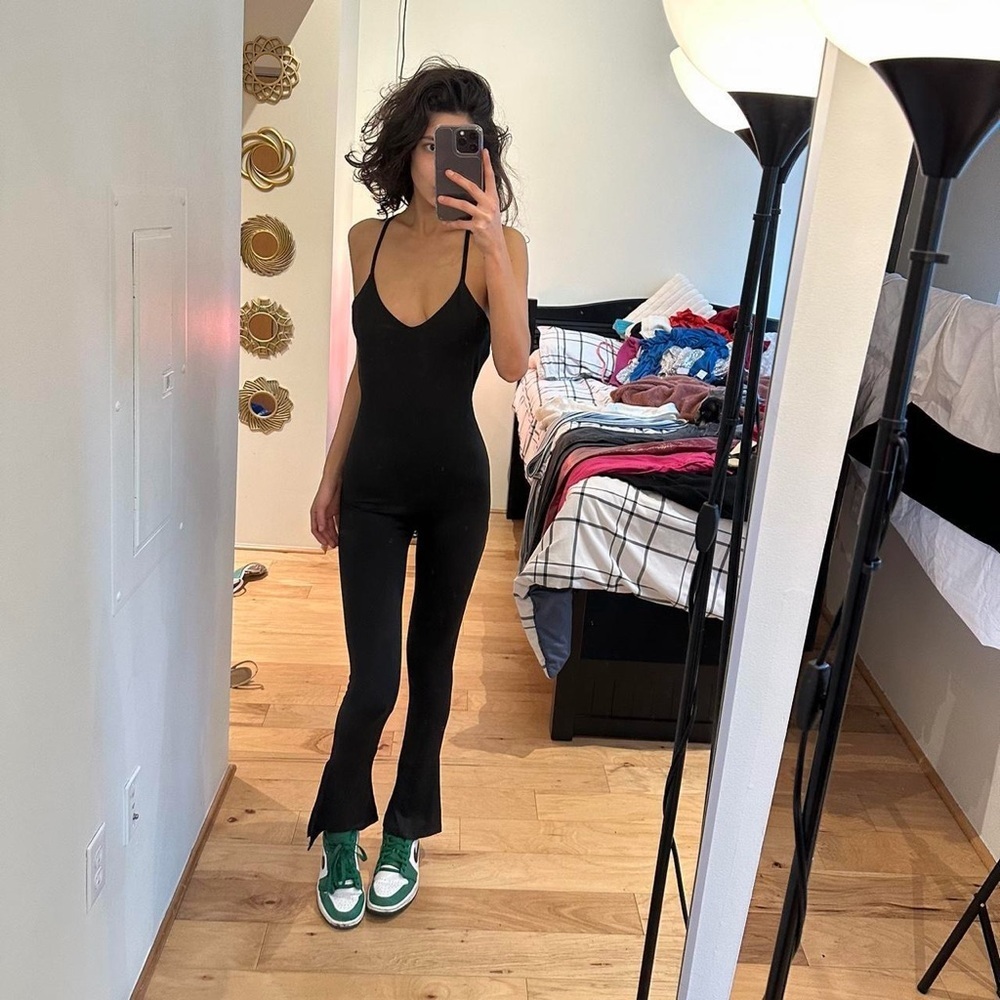 Black Spaghetti-Strap Jumpsuit with Flared Hem